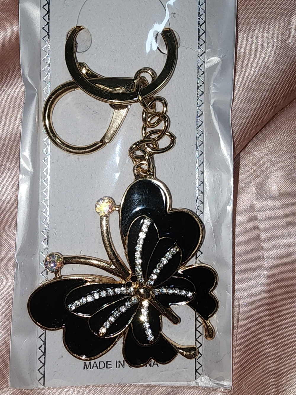Gold-Tone Black Enamel Butterfly Keychain with Crystals - Unknown Brand